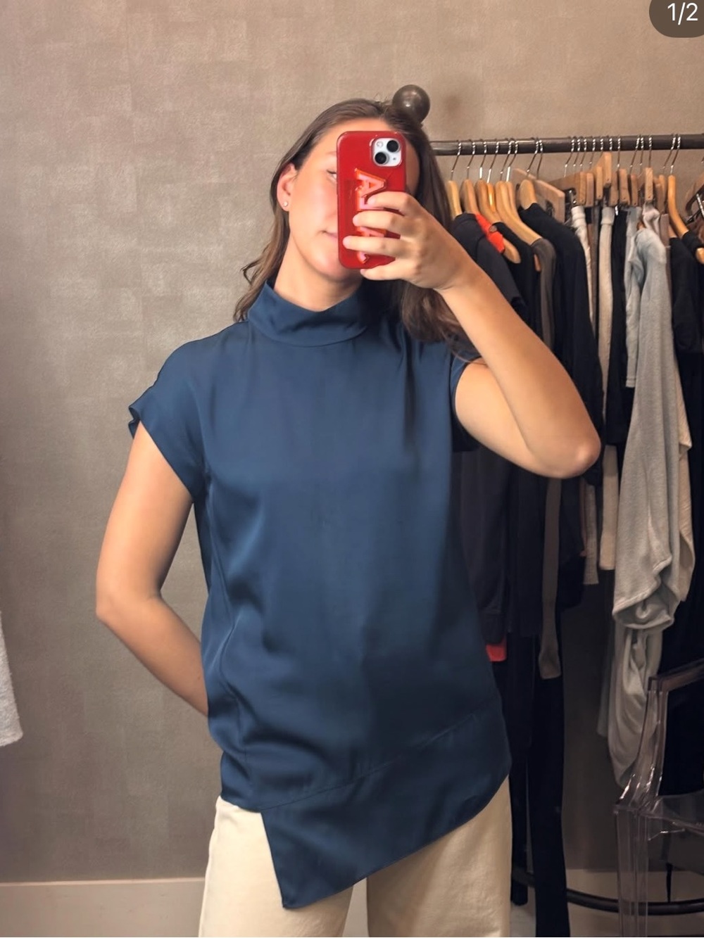 By Malene Birger Teal Satin Funnel-Neck Sleeveless Top